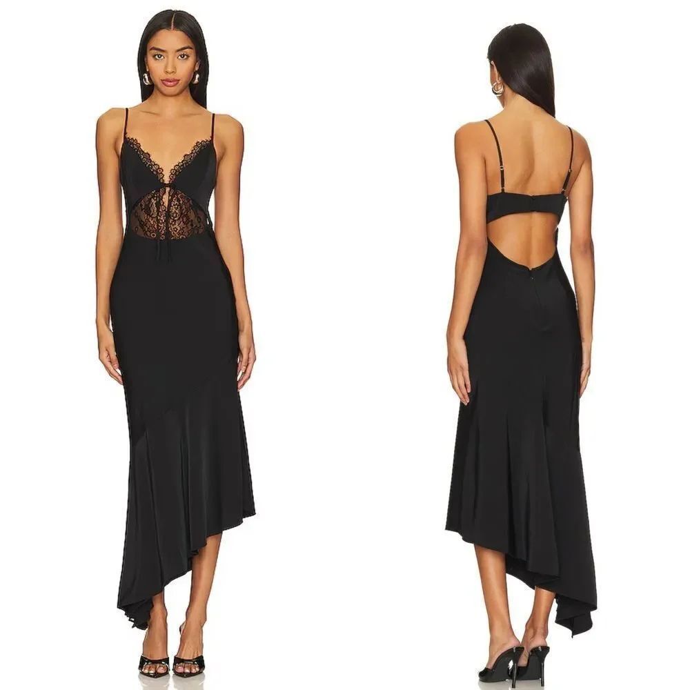 NWT NBD Brigitta Satin Lace Midi Dress in Black